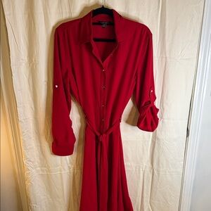 Lauren Ralph Lauren Red Long-Sleeve Shirt Dress with Waist Tie